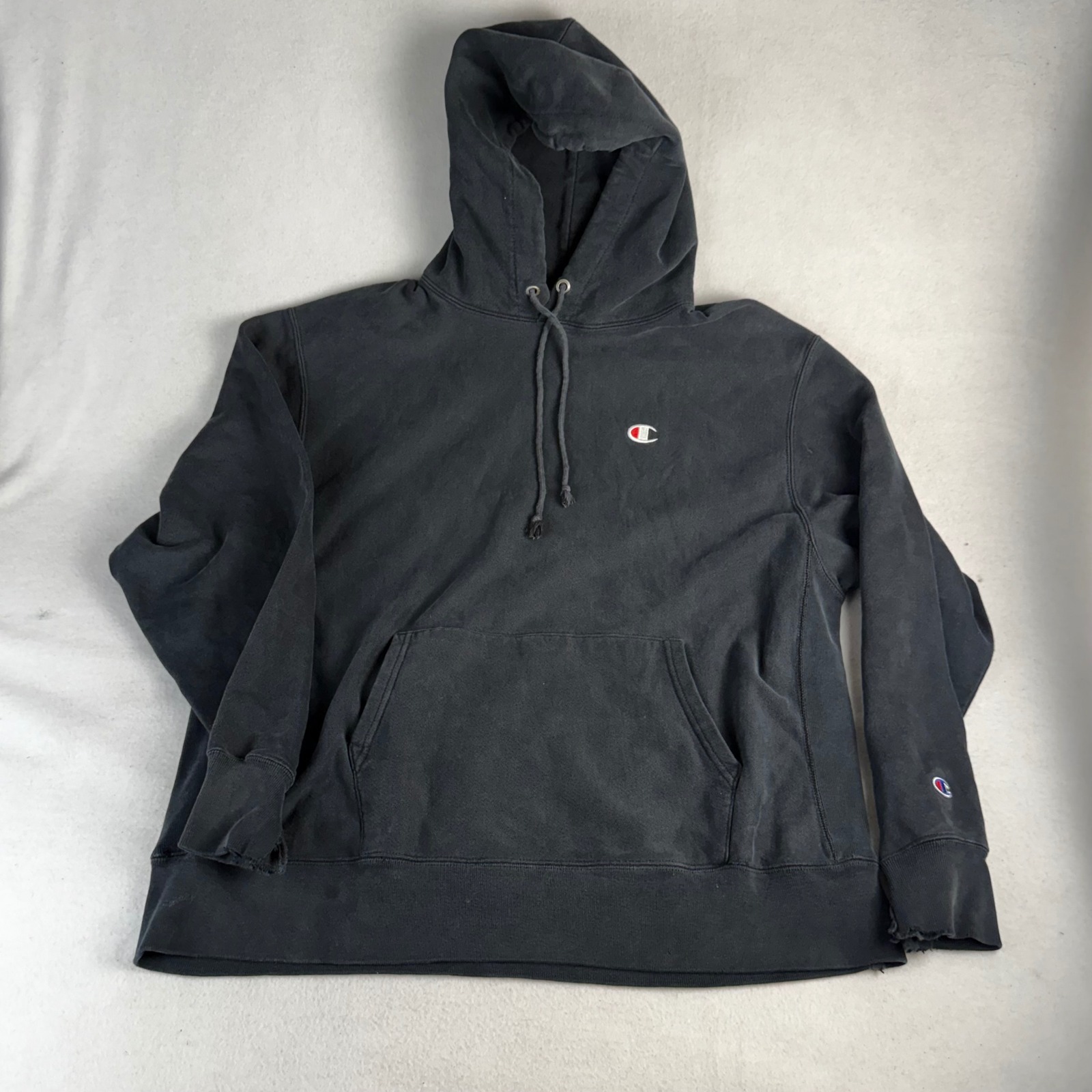 Champion Reverse Weave Hoodie Mens Xl Faded Black Distressed Pullover Sweatshirt